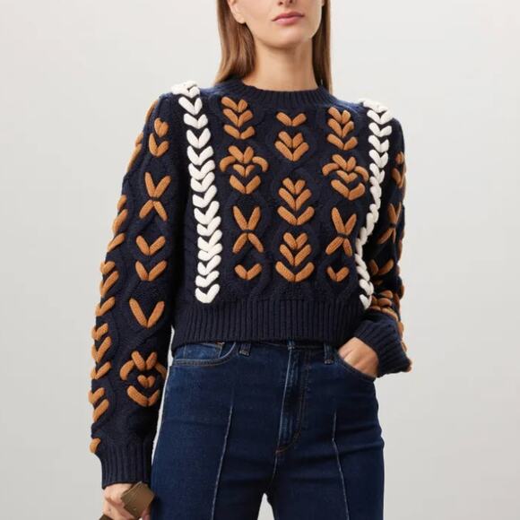 Jason Wu Blue Braided Sweater MEDIUM Cropped Oversized Cable Knit Chunky $385 - Picture 1 of 10